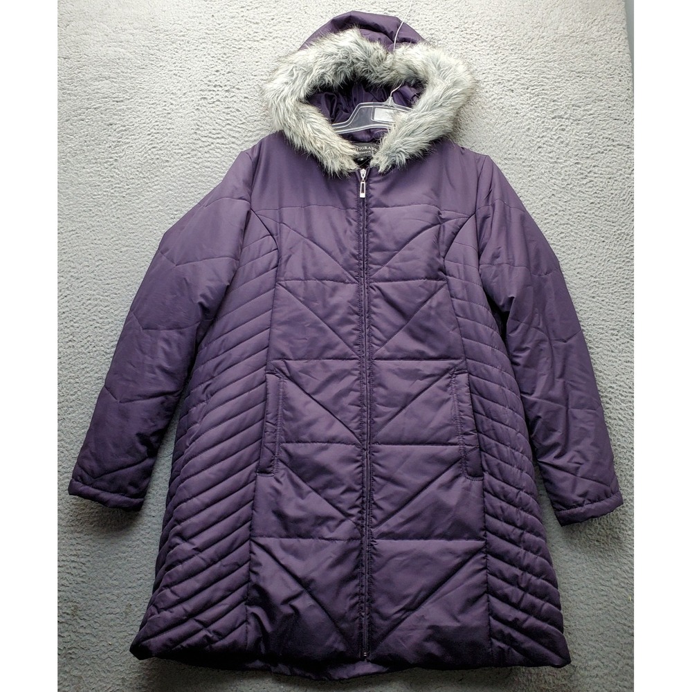 Centigrade Puffer Coat Womens XL Purple Faux Fur Trim Hood Quilted Chevron Panel